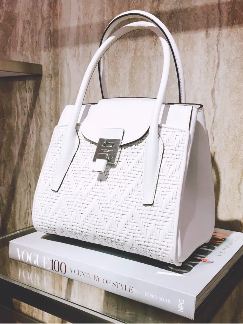 Michael Kors Collection Medium Bancroft Woven Leather Satchel White Italy